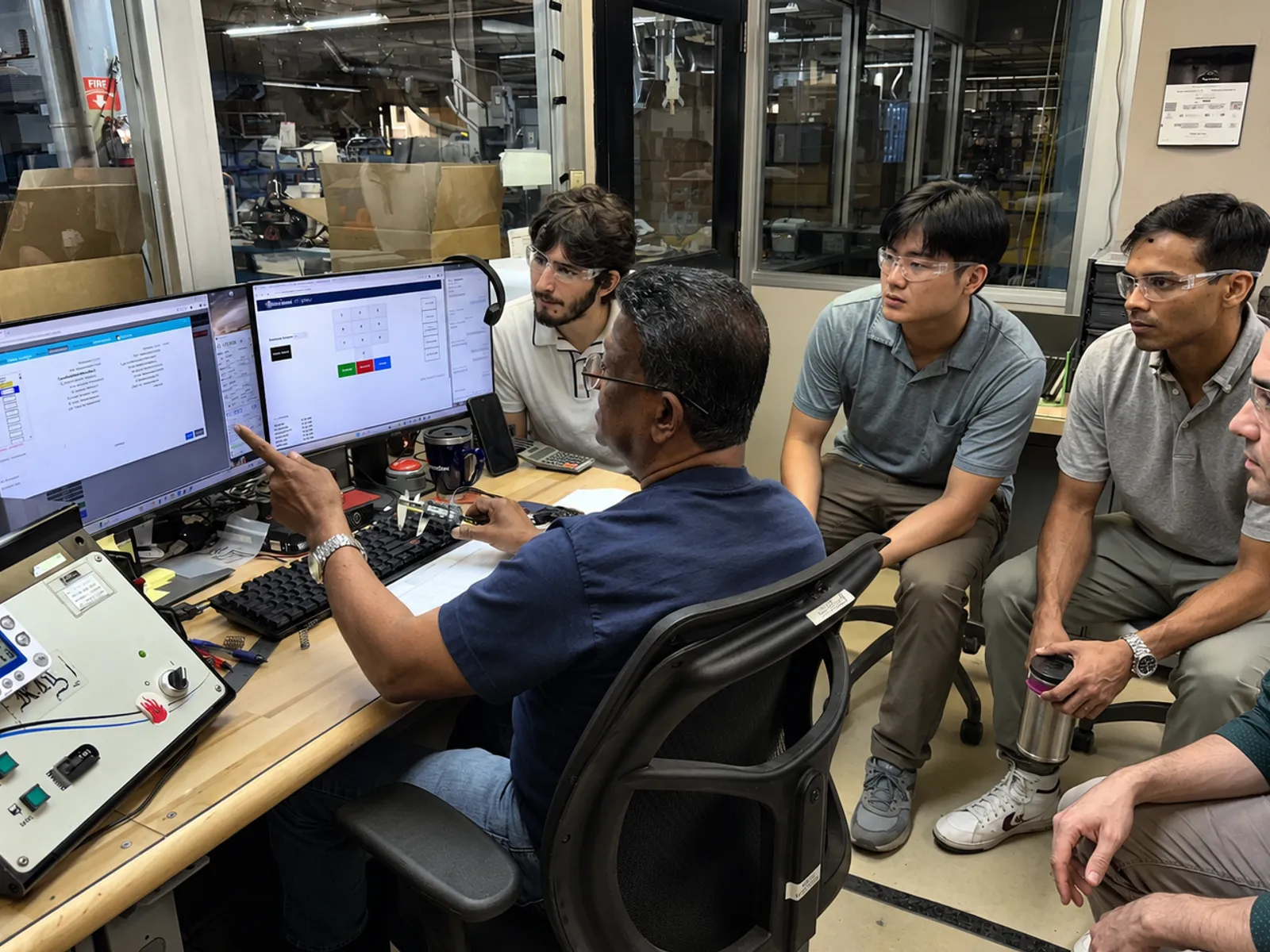 Structify engineers in safety glasses watching a client's inspector walk through a quality station