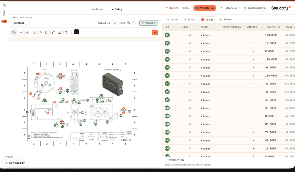 Structify's lettering workflow showing a sanitized engineering drawing with numbered callouts and a table of AI-extracted dimension values and tolerances
