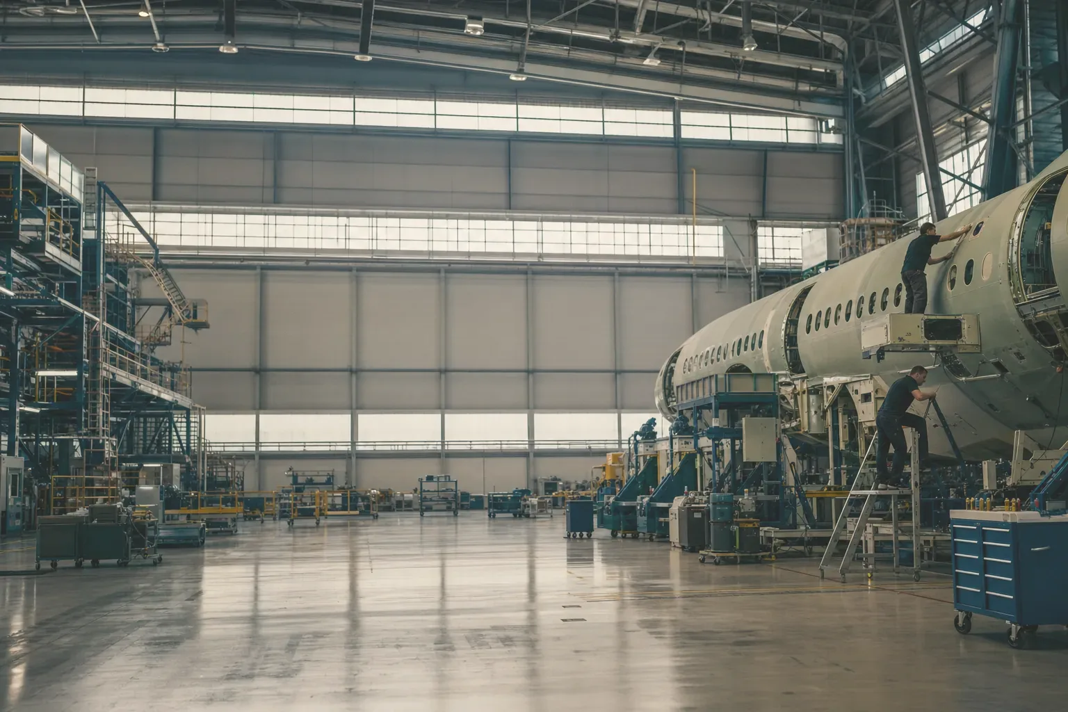 An aircraft under maintenance in a hangar beside rolling tool chests