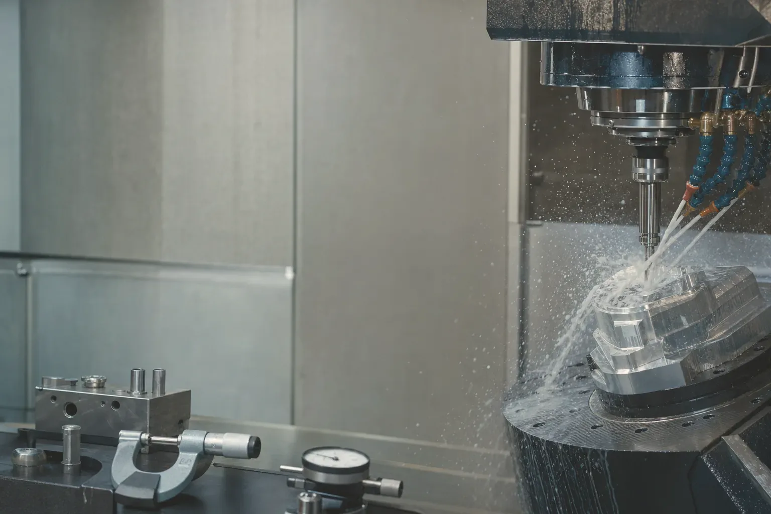 A CNC spindle milling an aluminum part beside a set of calipers