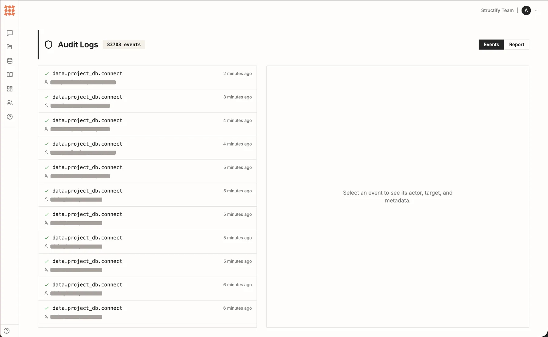 Product screen: an audit log, filtered to one application