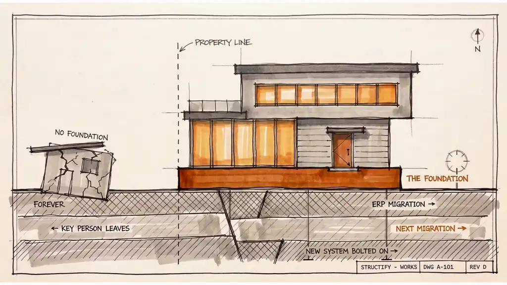 Hand-drawn architectural sketch of a house standing on the Structify foundation while the ground shifts beneath it